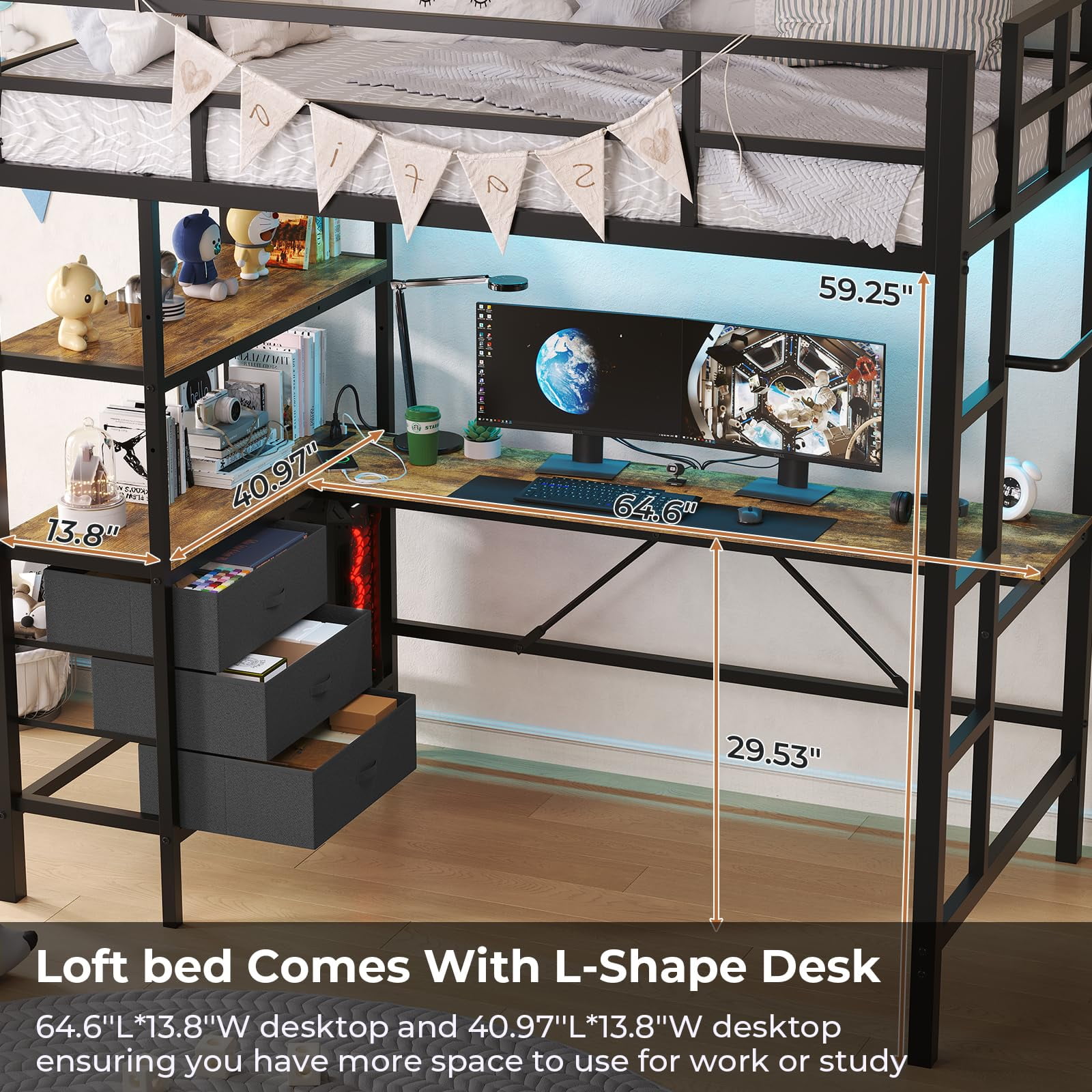 Twin Metal Loft Bed Frame with L-Shaped Desk&LED Lights&Charging Station, Black LED Loft Bed with 3 Storage Shelves&Drawers, Safety Guard & Stairs