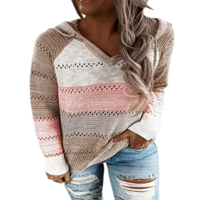 Chandails de Mode pour Femmes Manches Longues Hiver Automne Col en V Patchwork à Capuche Décontracté Ample Pull-Over Grande Taille