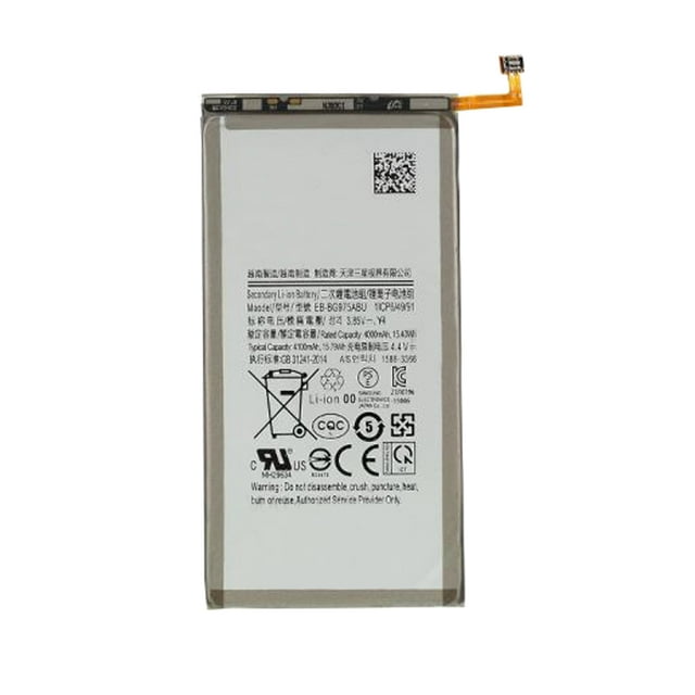 Replacement Battery Module EB-BG975ABU with a 4100 mAh capacity, compatible with Samsung Galaxy S10 Plus SM-G975W. The rectangular battery features printed specifications and safety icons on the front, with a flexible connector strip extending from the top. Designed for device-specific use in electronics.