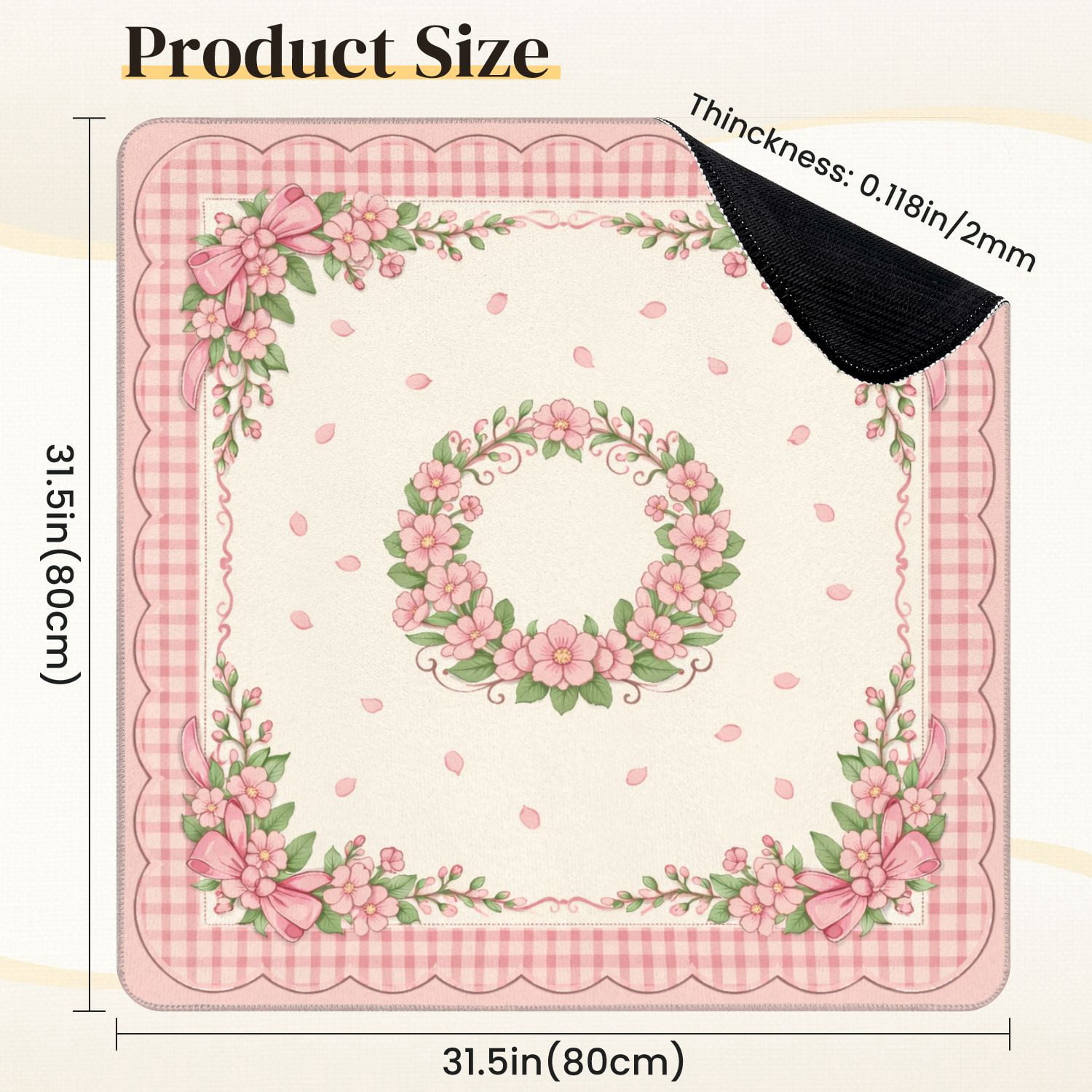 Mahjong Mat 31.5" x 31.5" Pink Floral Gingham Bows Central Non-Slip Noise Reduction Mahjong Tiles Table Cover for Dominoes Poker Card Board and Tile Games