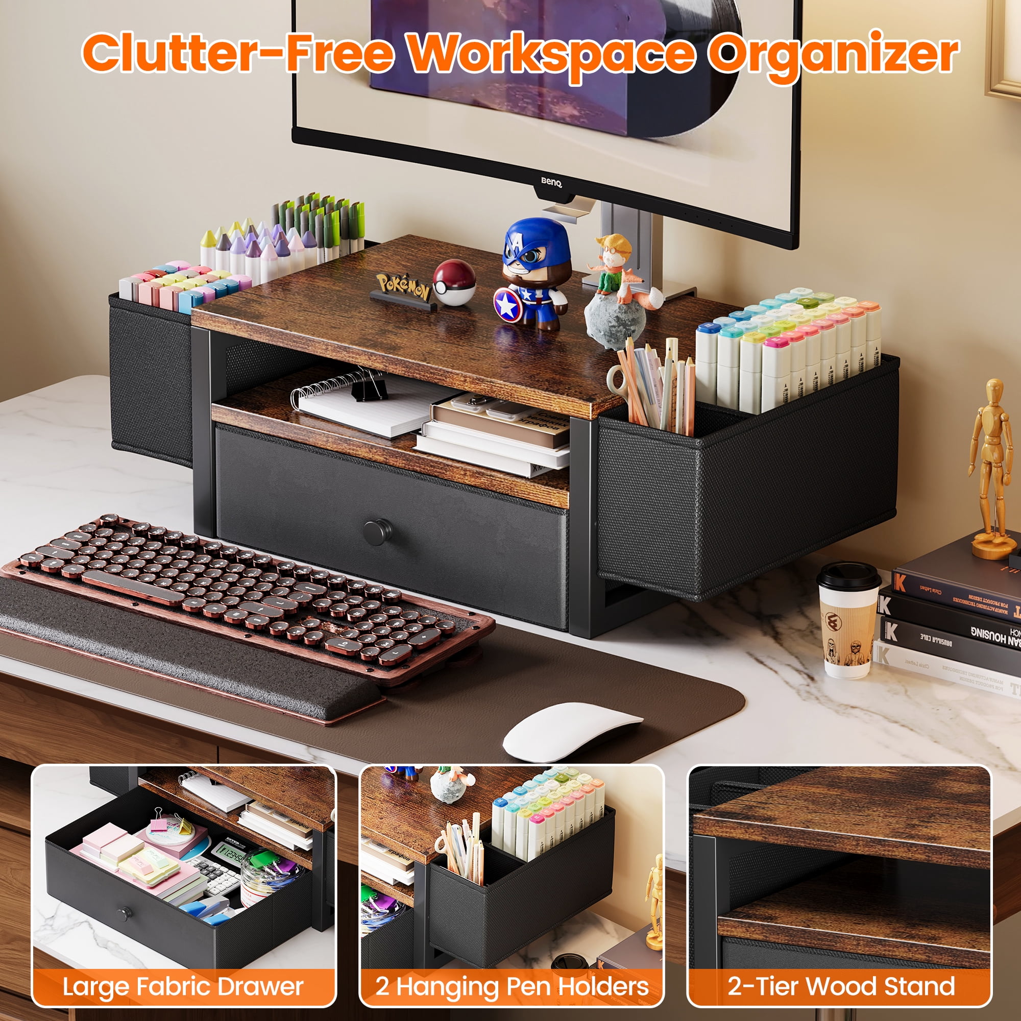 Desk Organizers and Accessories, 3-Tier Computer Monitor Stand Riser with Fabric Drawer & 6 Pen Holder, Office Desk Accessories Workspace Desktop Organizer for Office Supplies, Rustic Brown