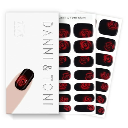 DANNI & TONI Semi Cured Gel Nail Strips Red Roses (Mystic Scent) Black Gel Nail Stickers Flowers 28 Stickers Gift for Woman