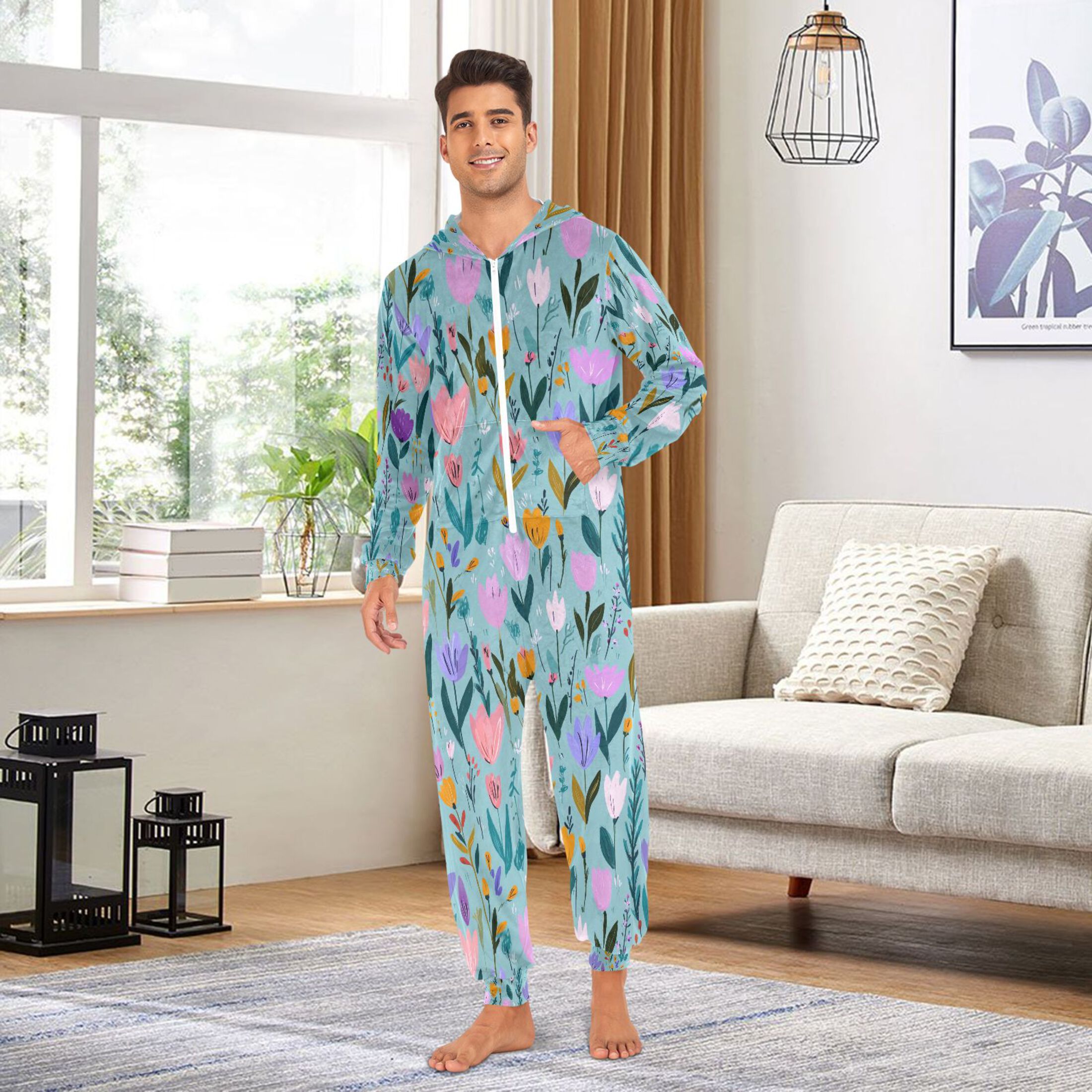 Adult Christmas Onesie Flowers Are Lovely Adult Zipper One-Piece Pajamas Unisex Pajamas with Pockets