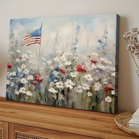 2D Flat, 1pc Patriotic Americana July 4th Sunflowers& Flag Canvas Art, Wooden Frame, Summer Wall Decor for Living Room, Bedroom, Office, Ready to Hang, Ideal Independence Day& Housewarming Gift