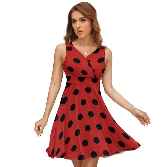 Black Polka Dots on Red Background Sundress Sleeveless Dress Summer Women Clothes Dress for Women Dresses