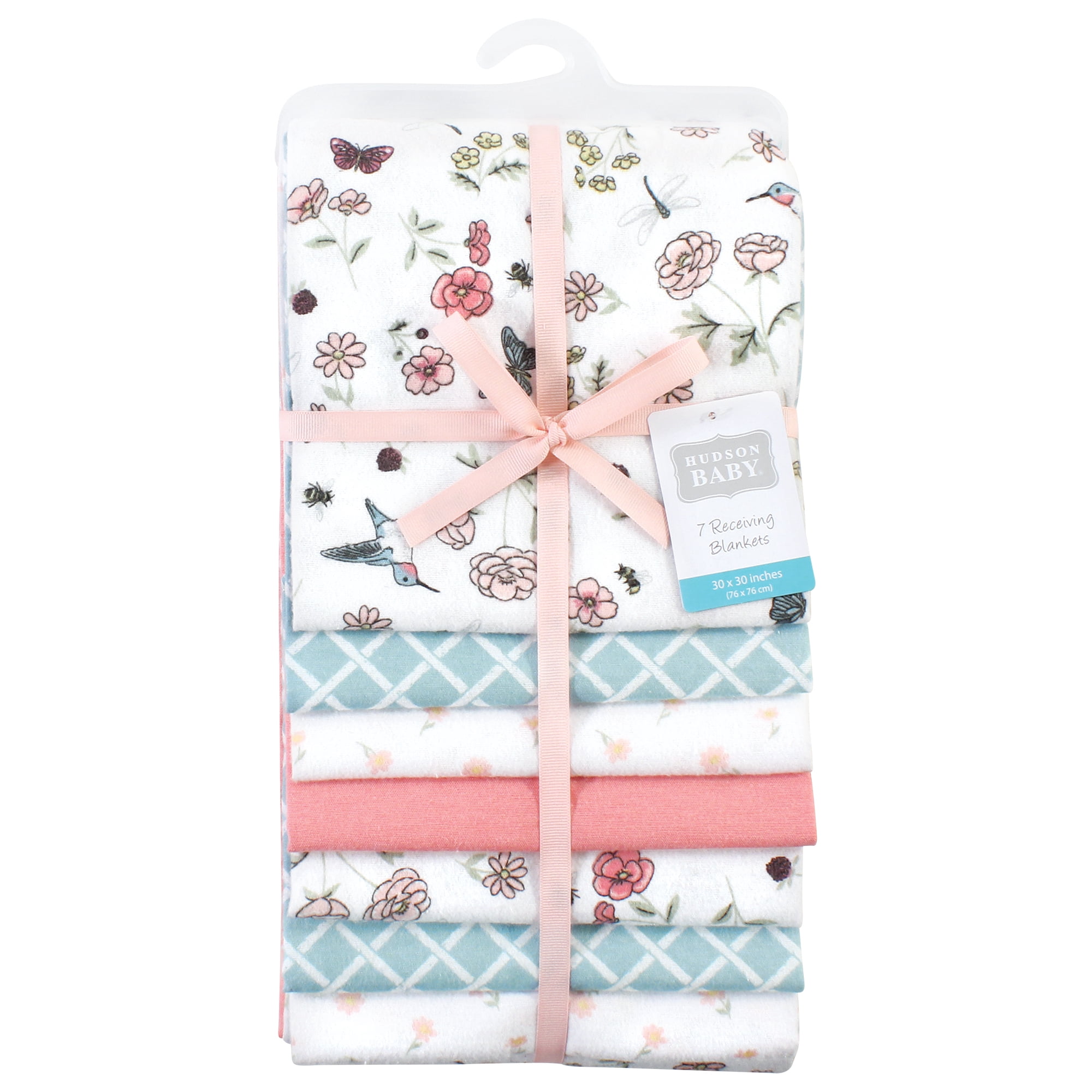 Little Treasure Hudson Baby Cotton Poly Flannel Receiving Blankets Multipack, Pink Hummingbird Garden, 30x30 inches