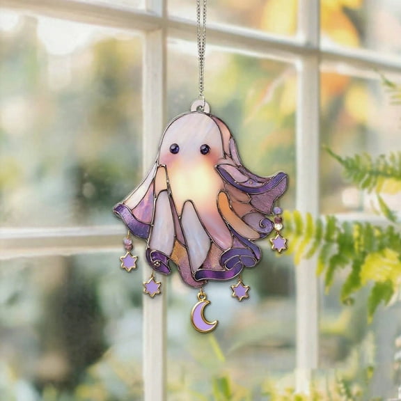 Cute Ghost Suncatcher – Halloween Window Decor with Adhesive – 6” Acrylic Hanging Ornament for Kids’ Rooms & Spooky Light Effects‌