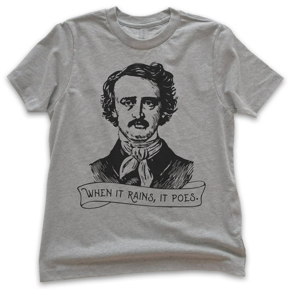 Kids When It Rains It Poes Shirt, Youth Kids Boy Girl T-Shirt, Edgar Allen Poe Shirt, Funny Gothic Poe Poet Tee, Dark Heather Gray, Medium