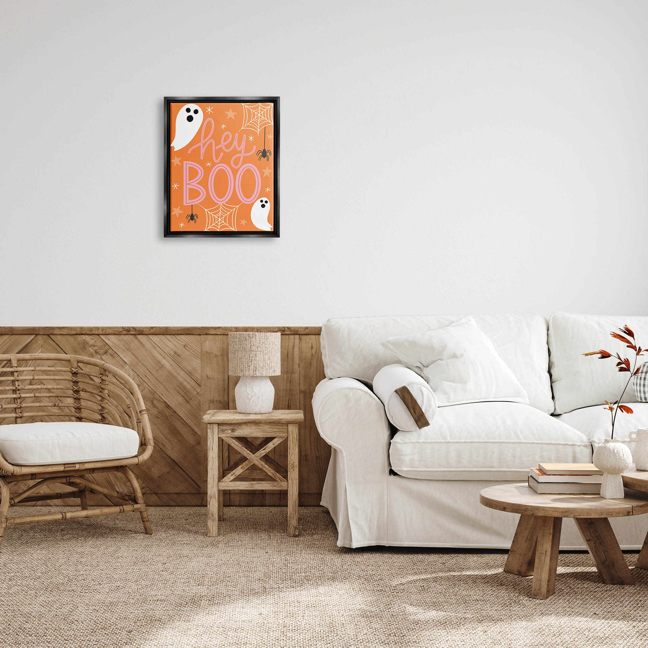 Hey Boo Orange Halloween Ghosts Holiday Graphic Art Jet Black Framed Art Print Wall Art