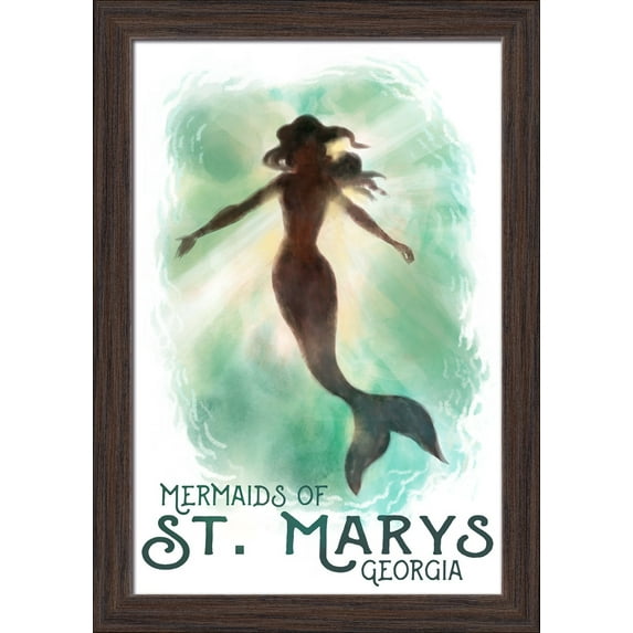St. Marys, Georgia - Mermaids of St. Marys - Mermaid Underwater - Lantern Press Artwork (12x18 Giclee Art Print, Gallery Framed, Espresso Wood)