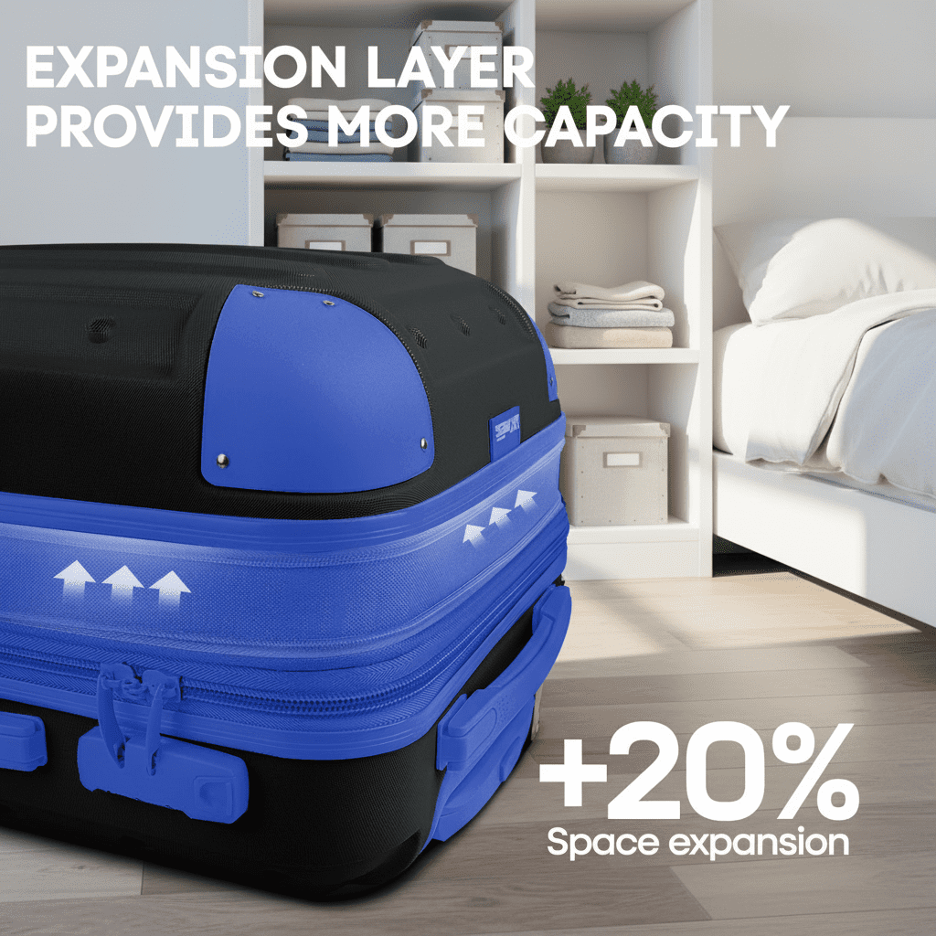 3 Piece Hardside Luggage Set, Expandable ABS Spinner Suitcases (20/24/28) – Lightweight & Scratch-Resistant Travel Luggage, Black/Blue -EL2401