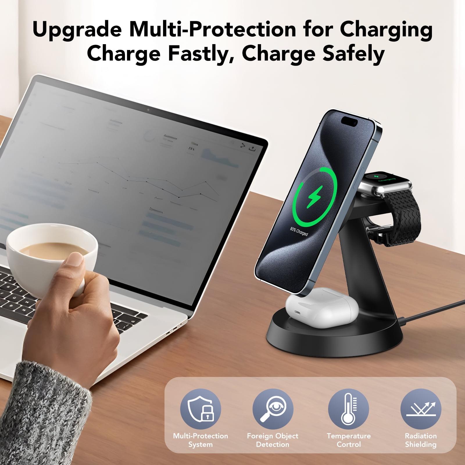 3 in 1 Wireless Charging Station, 2026 Upgraded Fast Desk Charger Station for iPhone 1716 15 14 13 12 Pro Max Plus, Charger Stand for Apple Watch 10 9 8 7 6 5 4 3 2 SE, Airpods 4 3 2 Pro, Black