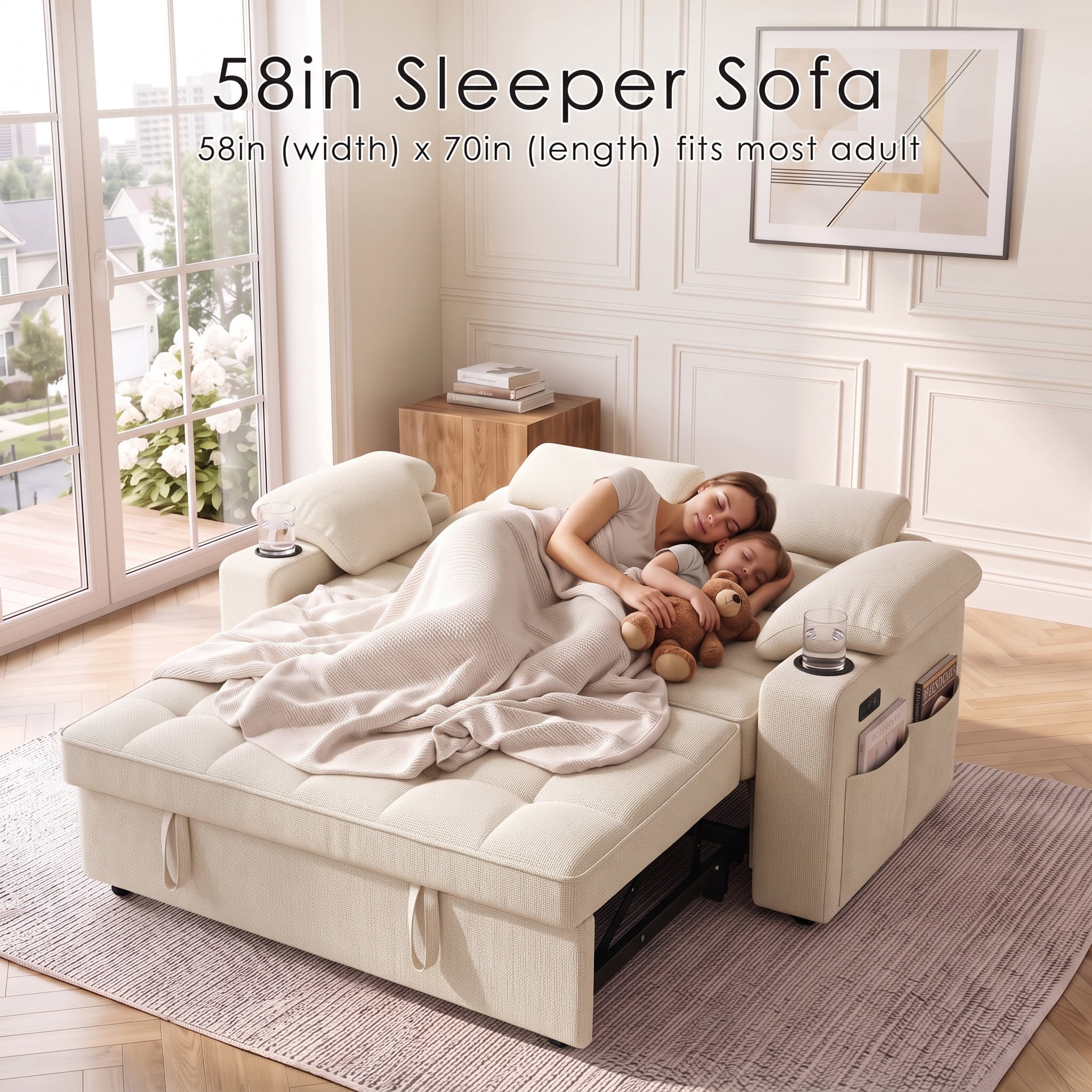 Xiweot Convertible Sleeper Sofa Bed, 58" Full Size Pull Out Couch with Cup Holders, Adjustable Backrest, USB Ports & Side Pockets, Towel Fabric Sleeper Loveseat for Living Room Apartment (Beige)