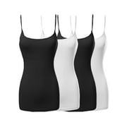 Ladies Basic Solid Long Length Adjustable Spaghetti Strap Camisoles (4PK - Black/White/Black/White, S)