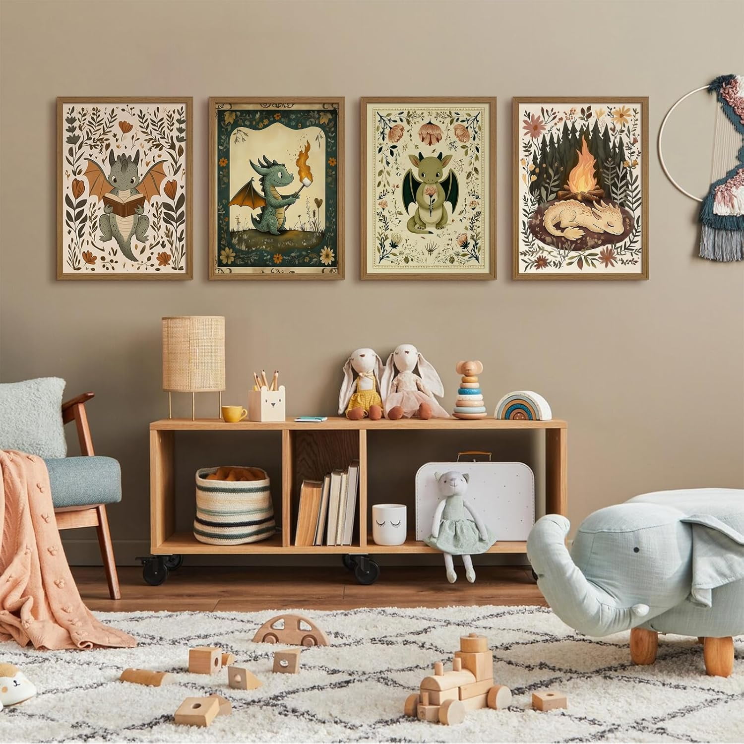Vintage Nursery Dragon Wall Art Baby Boy Room Canvas Wall Decor Whimsical Dinosaur Flower Poster Nursery Cute Dragon Pictures Fantasy Prints Painting for Girls Bedroom Kids Room 4Pcs