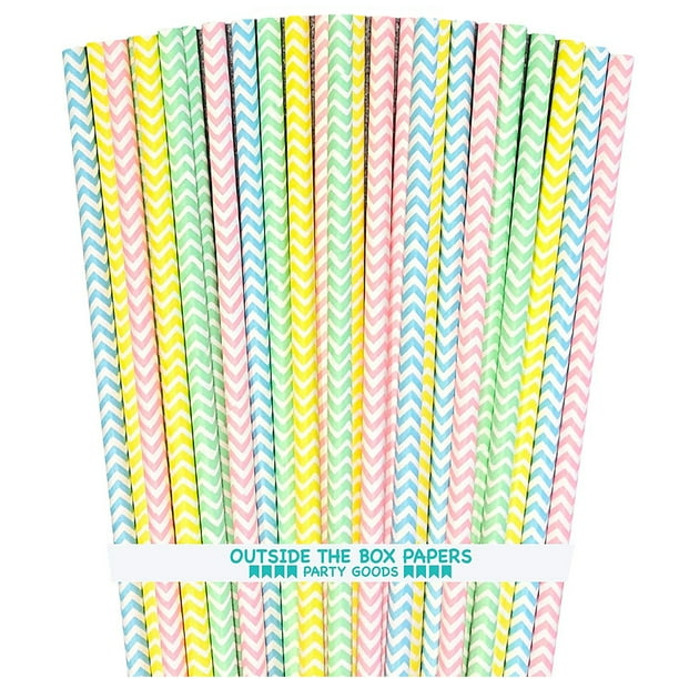 100 Pastel Chevron Paper Straws Pink Blue Yellow Mint