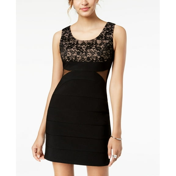 Crystal Doll Juniors Lace Contrast Bodycon Dress Black Nude 1