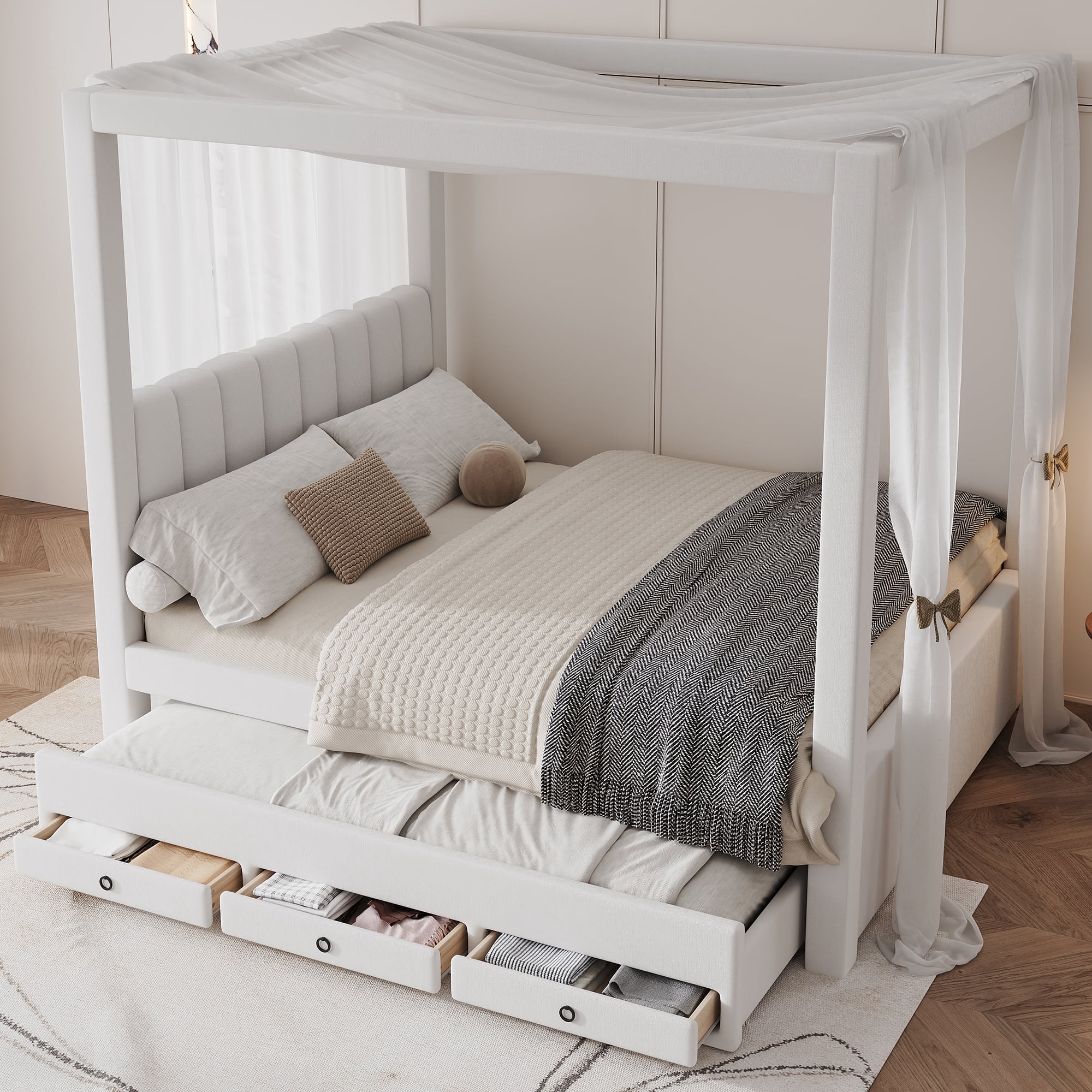 Euroco Upholstery Canopy Queen Platform Bed with Twin Trundle and 3 Drawers, Beige
