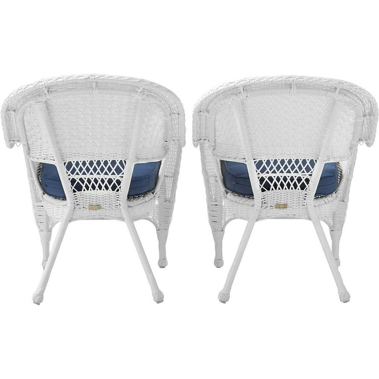 Jeco Stacking Wicker Rattan Chairs Set of 2, Blue Tufted Cushions