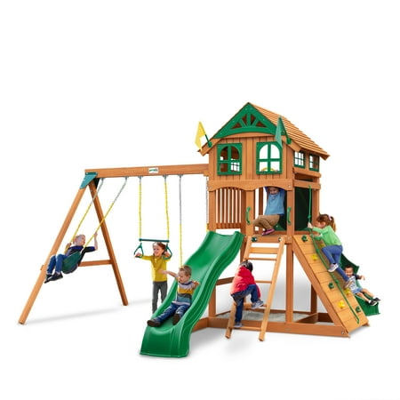 Gorilla Playsets Avalon Swing Set for Backyard with Wood Roof, Twister Tube Slide, Wave Slide and Climbing Rock Wall