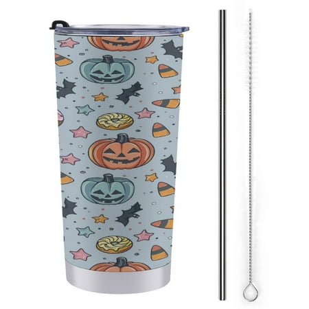 

ZHANGS Halloween Candy Pumpkin Bucket Donuts-474 Coffee Tumbler Insulated Tumbler Cups with Lid and Straws Leak Proof Stainless Steel Coffee Thermos Mug for Hot/Cold Travel Car