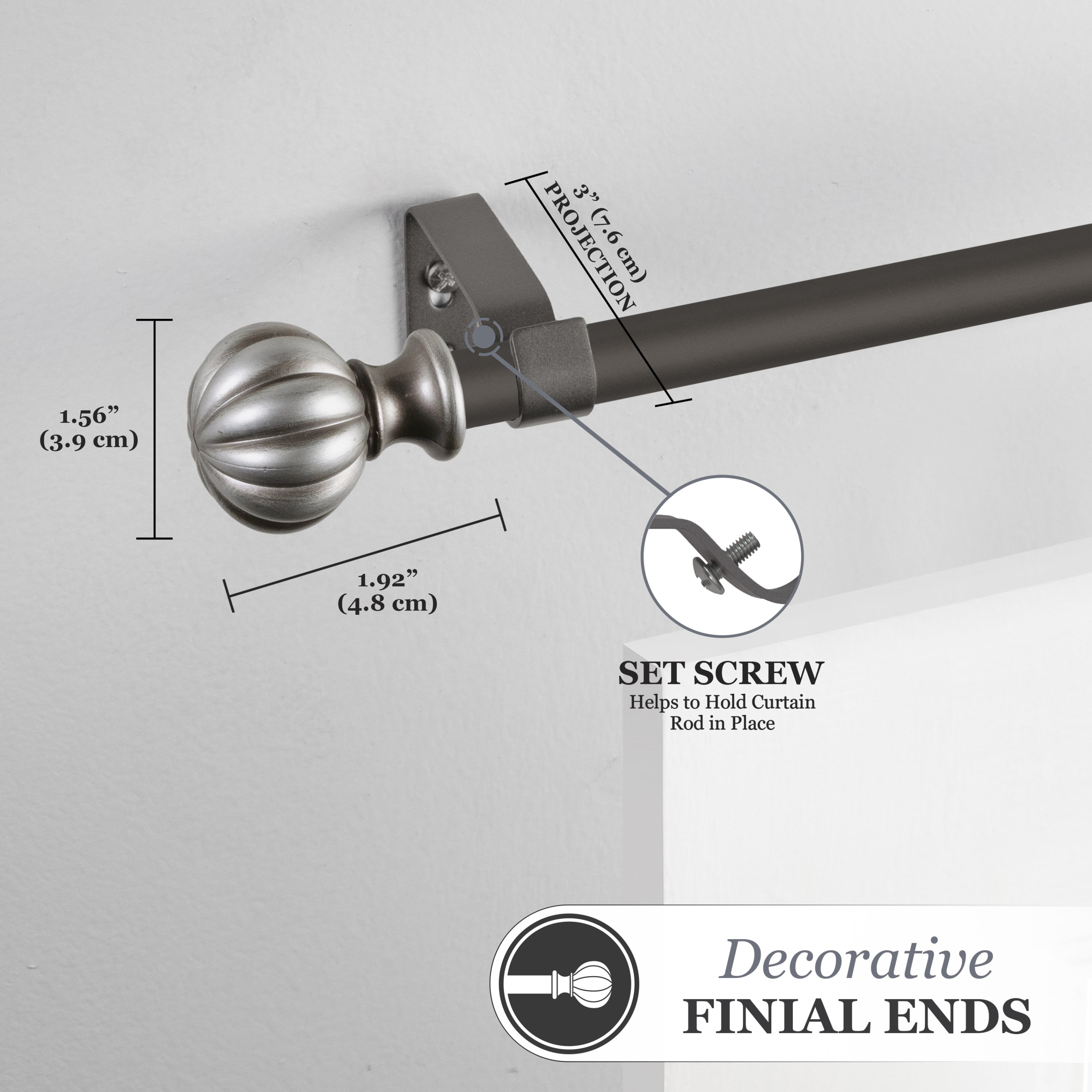 Kenney 0.62" Pewter Ball Adjustable Single Curtain Rod Set, 28"-48"