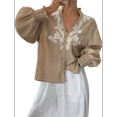 thumbnail image 1 of Women's Embroidered Linen Shirts Button Up Sleeve V Neck Boho Blouse S, 1 of 10