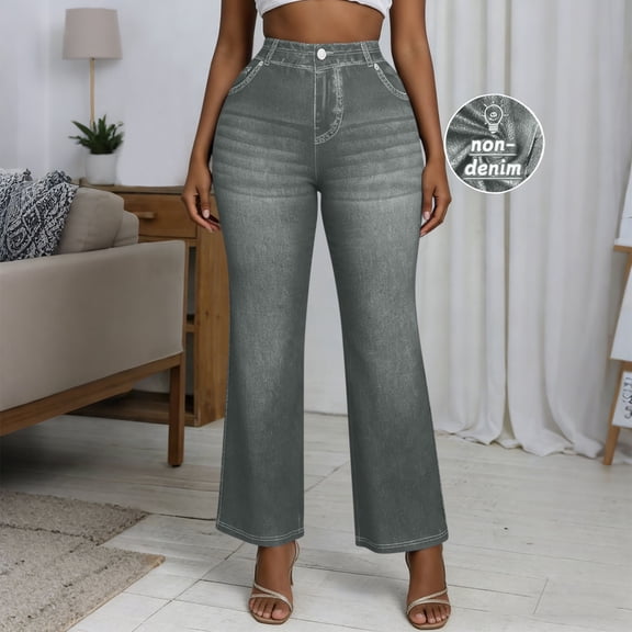 Cutuoiiu Women Comfortable High Waist Flare Jeans Look Pants with Pockets Everyday Wear Stretch Trousers Gifts