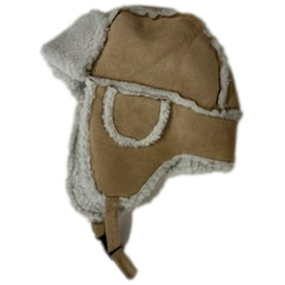 Womens Tan Faux Suede & Sherpa Lined Trapper Hat with Buckle Chin Strap