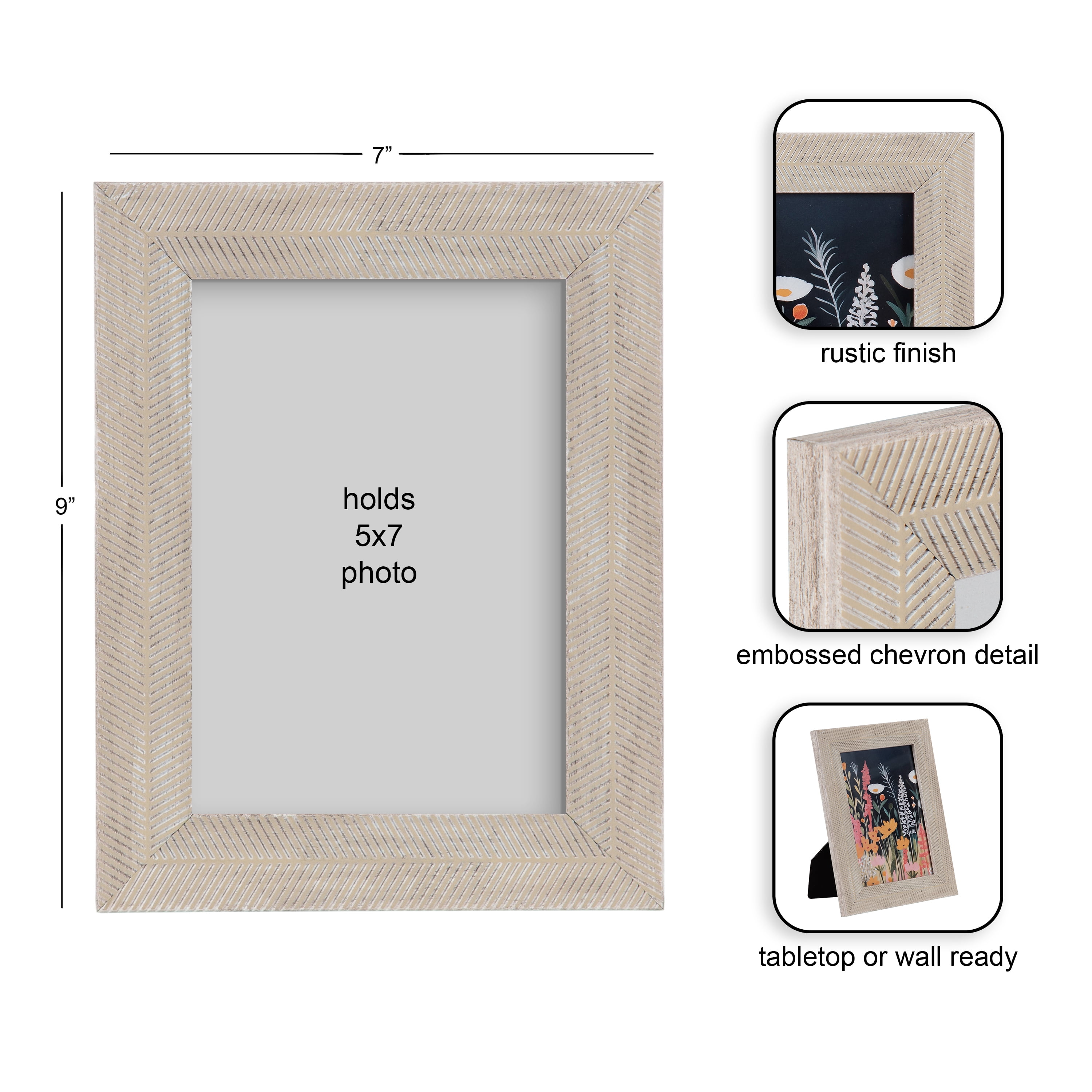 DesignOvation 5x7 Chevron Distresssed White/Natural Decorative Tabletop Picture Frame
