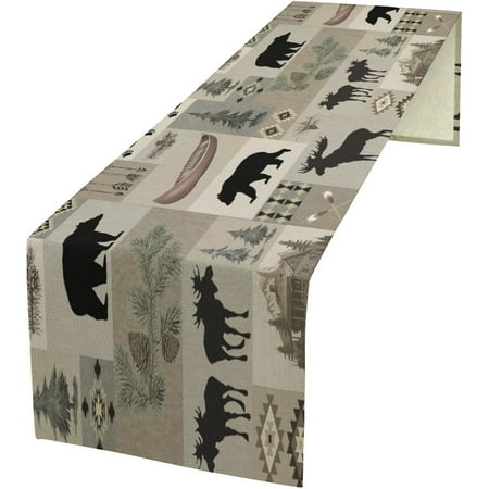 

Rustic Bear Moose Deer Table Runner Retro Pine Tree Cabin Country Lodge Camping Vintage Abstract Geometric Dinner Runner for Home Kitchen Dining Table Decoration 13 x90