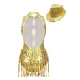 thumbnail image 2 of Linjinx Glittery Sparkly Bodysuit For Women Fringe Dance Leotard with Hat Latin Jazz Ballroom Gold M, 2 of 7
