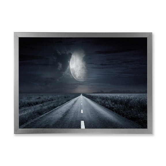 Designart 'Cloudy Full Moon Over Asphalt Road III' Nautical & Coastal Framed Art Print