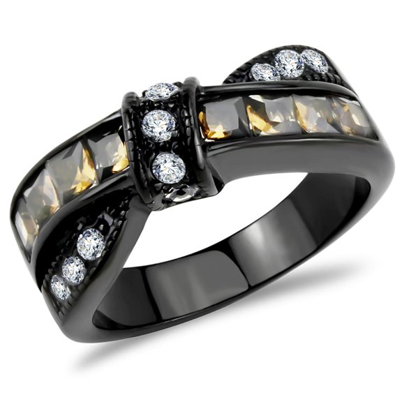 Luxe Jewelry Designs IP Black Stainless Steel Women's Ring with Brown Synthetic Glass Stones - Size