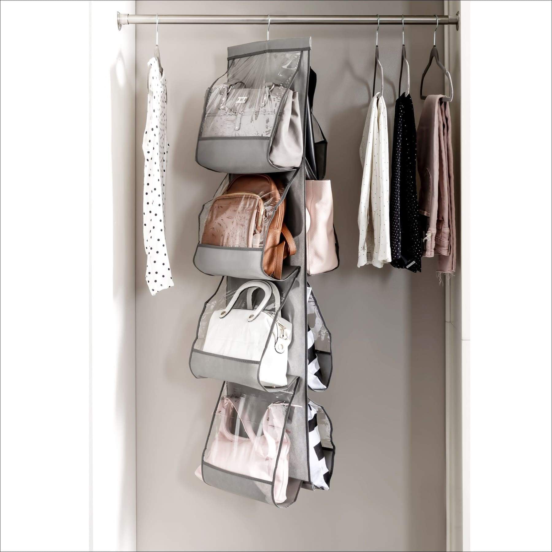 Zober Hanging Purse Organizer For Closet Clear Handbag Organizer For Purses,  Handbags Etc. 8 Easy Access Clear Vinyl Pockets With 360 Degree Swivel  Hook, Gray, 48” L x 13.8” W 48 L x 1 
