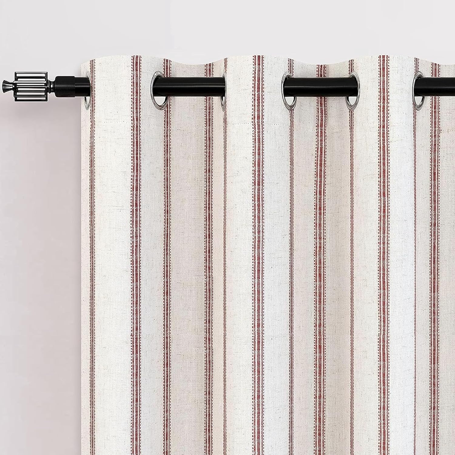 DriftAway Farmhouse Linen Blend Blackout Curtains Vertical Striped Printed Linen Curtains for Bedroom Thermal Insulated Country Rust Grommet Lined Treatments for Living Room 2 Panels W52 x L54 Red