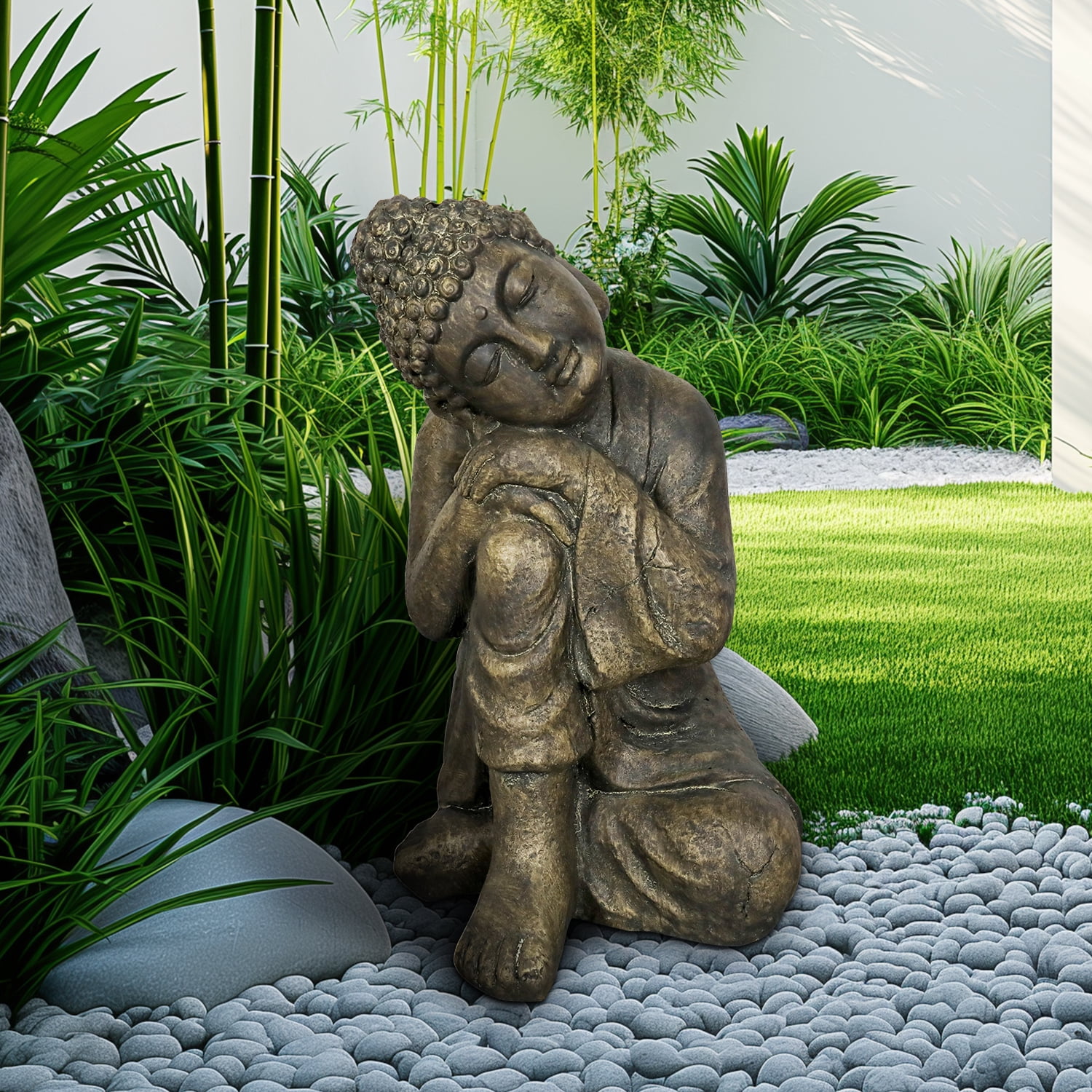 SunJet Outdoor Buddha Statue - Hug Knee Sleeping Buddha Sculpture Meditating Decorations for Garden,Patio, Balcony, Porch, Yard Art Ornament