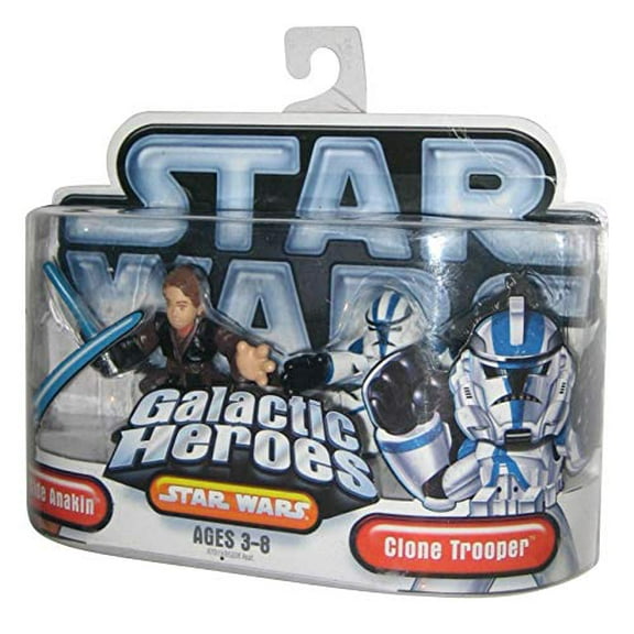 Star Wars Galactic Heroes 2 Pack 2 Inch Tall Action Figure - Dark Side Anakin Skywalker with Blue Lighsaber and Blue Striped Clone Trooper with Blaster Pistol