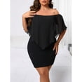 thumbnail image 5 of Black Plus Size Off-Shoulder Fitted Mini Dress With Sheer Flounce Overlay, 5 of 7