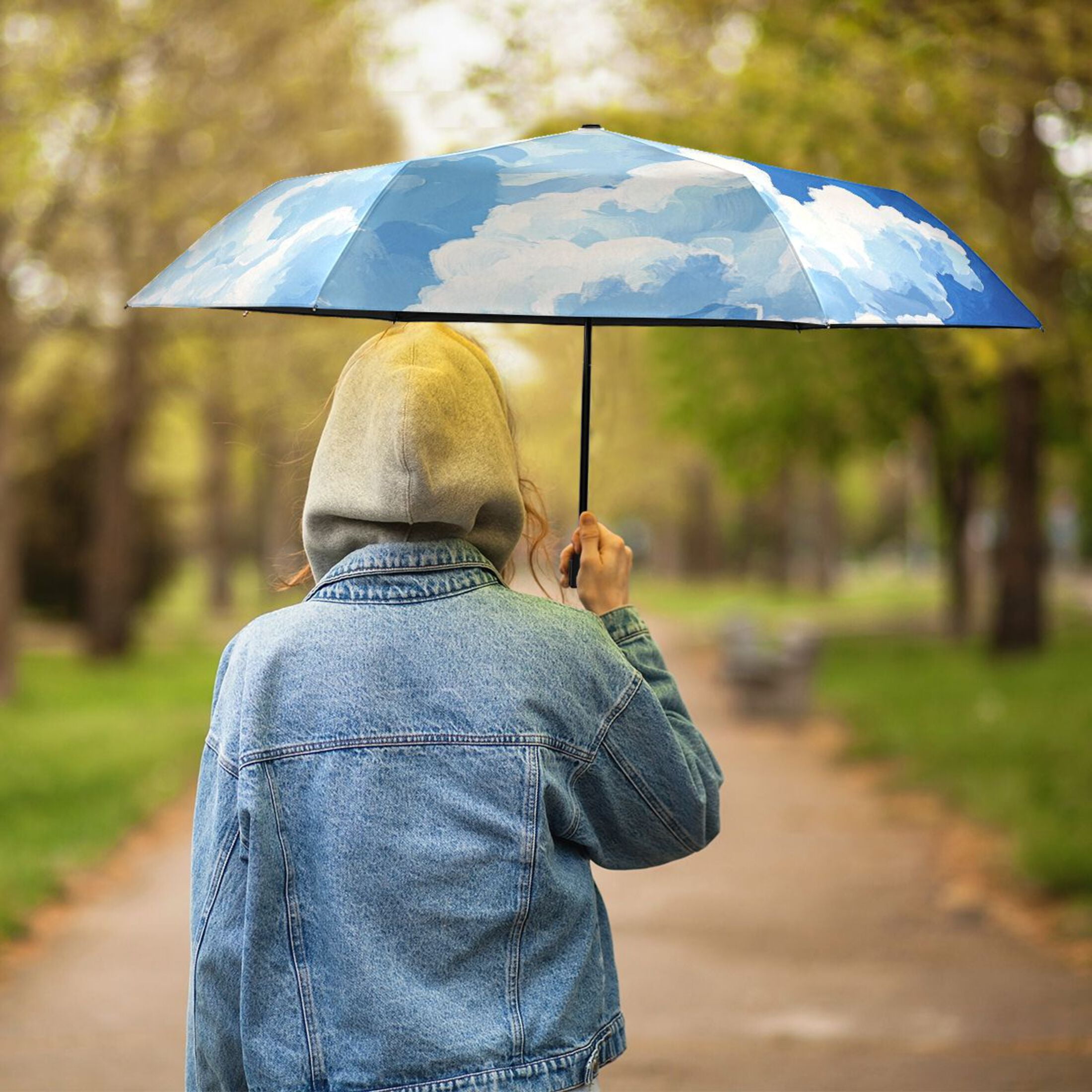 Plane Sky White Clouds Oil Painting All Weather Umbrella Triple Folding Parasol 6 Ribs UV Protection Portable