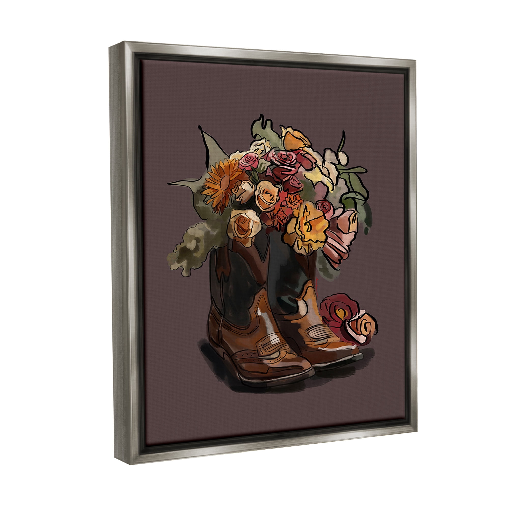 Stupell Industries Modern Floral Boot Bouquet Botanical & Floral Painting Gray Floater Framed Canvas Art Print Wall Art, 17 x 21