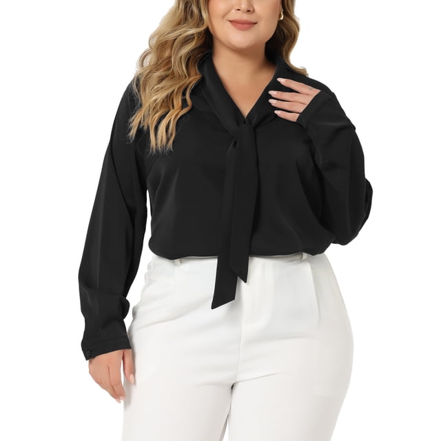 Camisa de chiffon de manga larga con cuello en V y lazo para mujeres de tallas grandes Agnes Orinda 3X negra