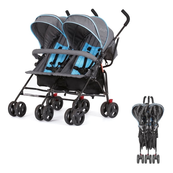 Dream On Me Cochecito con sombrilla doble Volgo en azul, cochecito doble liviano para bebés y niños pequeños, compacto y fácil de plegar, canasta de almacenamiento grande, toldo grande y ajustable