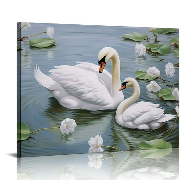 JRXY Canvas Print Wall Art Swan Family Art Paintings for Wall Watercolor Picture Artwork Wall Decor Modern Home Decoration For Bedroom Living Room Stretched and Framed Canvas Ready to Hang 20x16in
