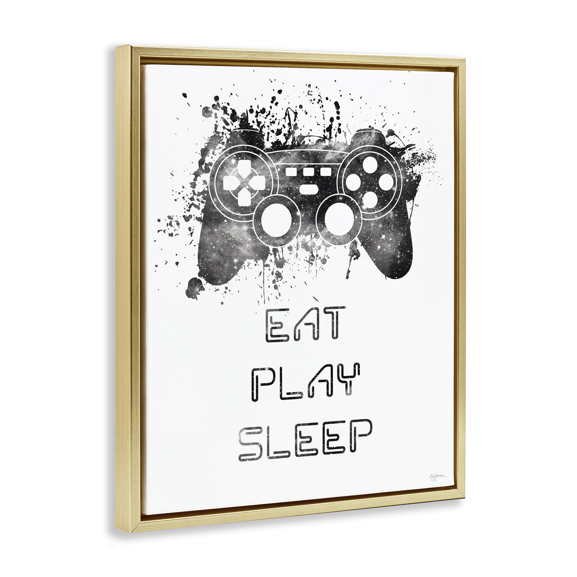 Stupell Industries Eat Play Sleep Gaming Typography Painting Gold Floater Framed Art Print Wall Art, 17 x 21