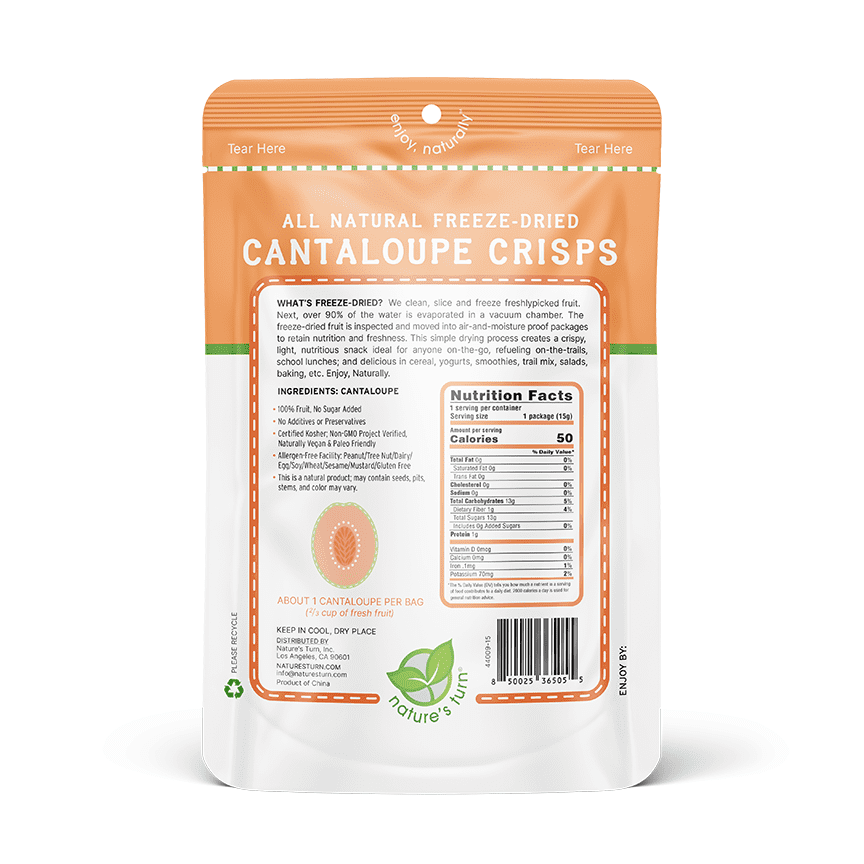 Nature’s Turn Freeze-Dried Cantaloupe Crisps, No Added Sugar, Healthy Natural Fruit Crisp Snack for School Lunches, 6 Pack (1.2 oz Each)