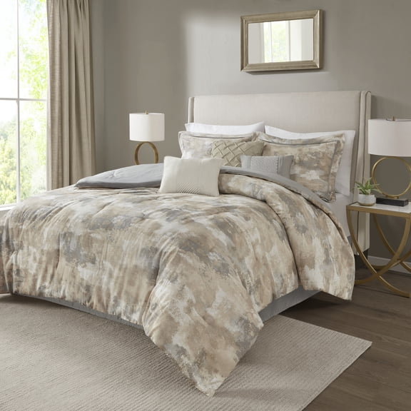 7 Piece Textured Cotton Blend Comforter Set Gray King - Modern Bedroom Bedding - Bedding Sets