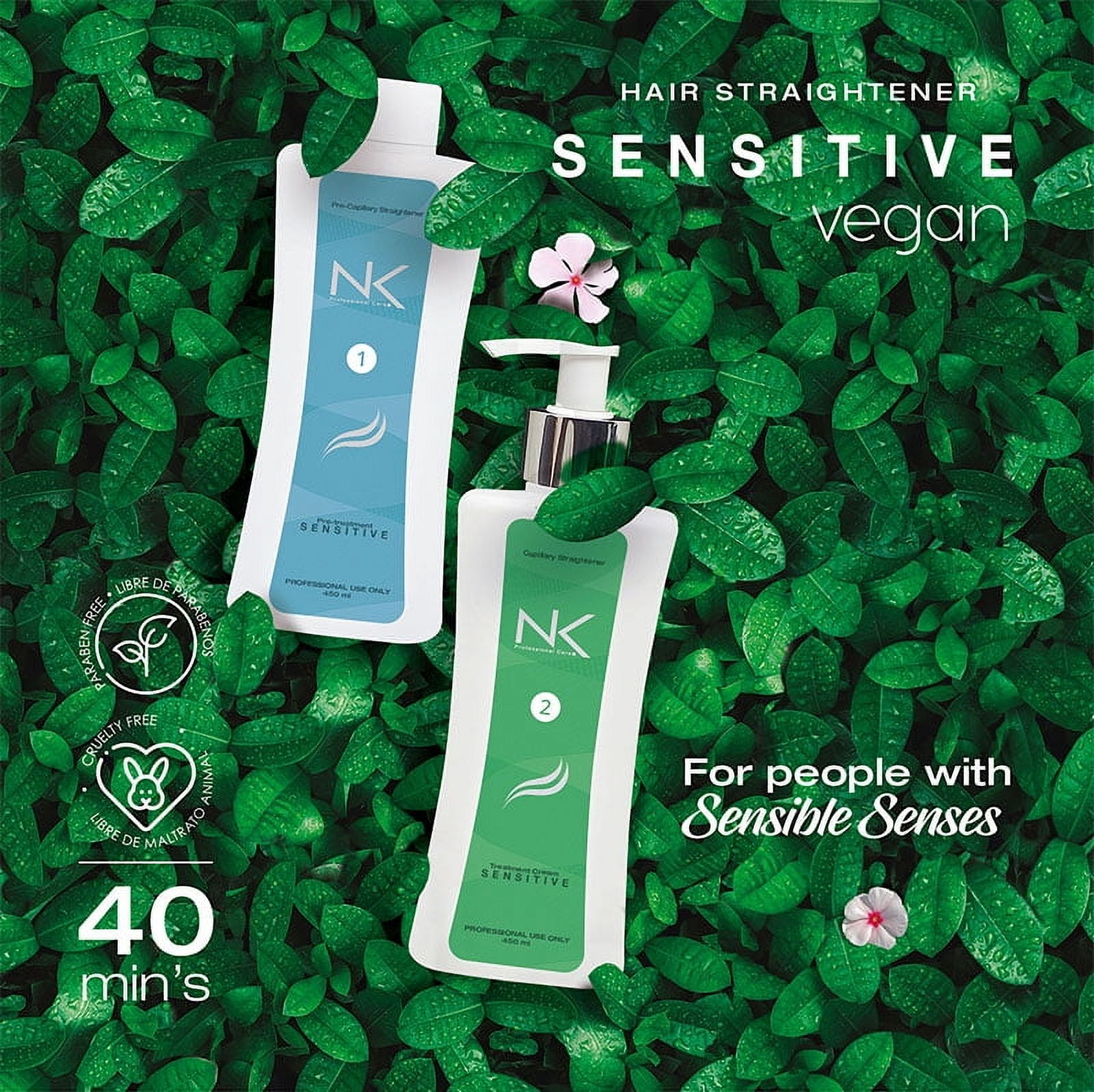 NK Professional Care Sensitive Keratin Hair Straightening Treatment, Vegan, Formaldehyde Free. Kit Steps 1,2,3,4. Sensitive straightening treatment, post-treatment shampoo and restorative mask. 15oz