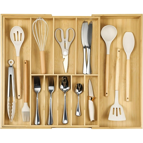 Silverware Organizer for Cabinet Drawer, Expandable from 16.7'' to 30'' Wide Bamboo Wood Flatware Tray for Large Kitchen Drawers, Cutlery Utensil Holder