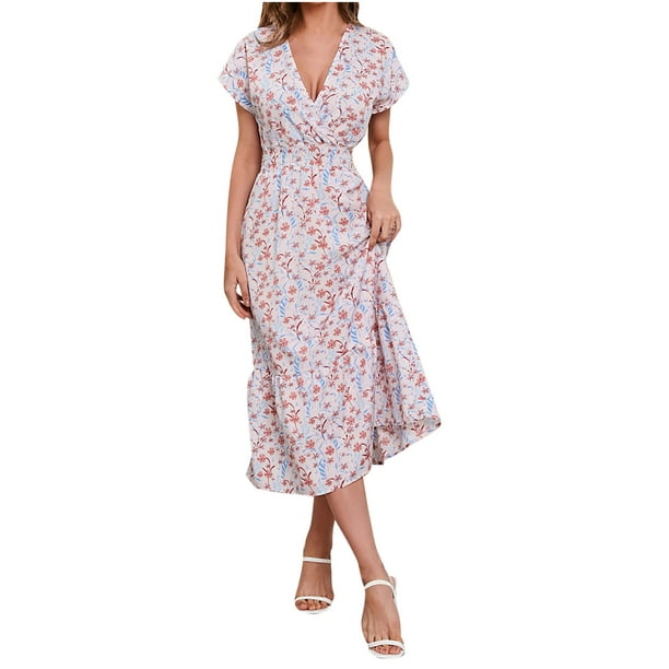 Summer Dresses for Women V-Neck Short Sleeve Floral Printed Loose